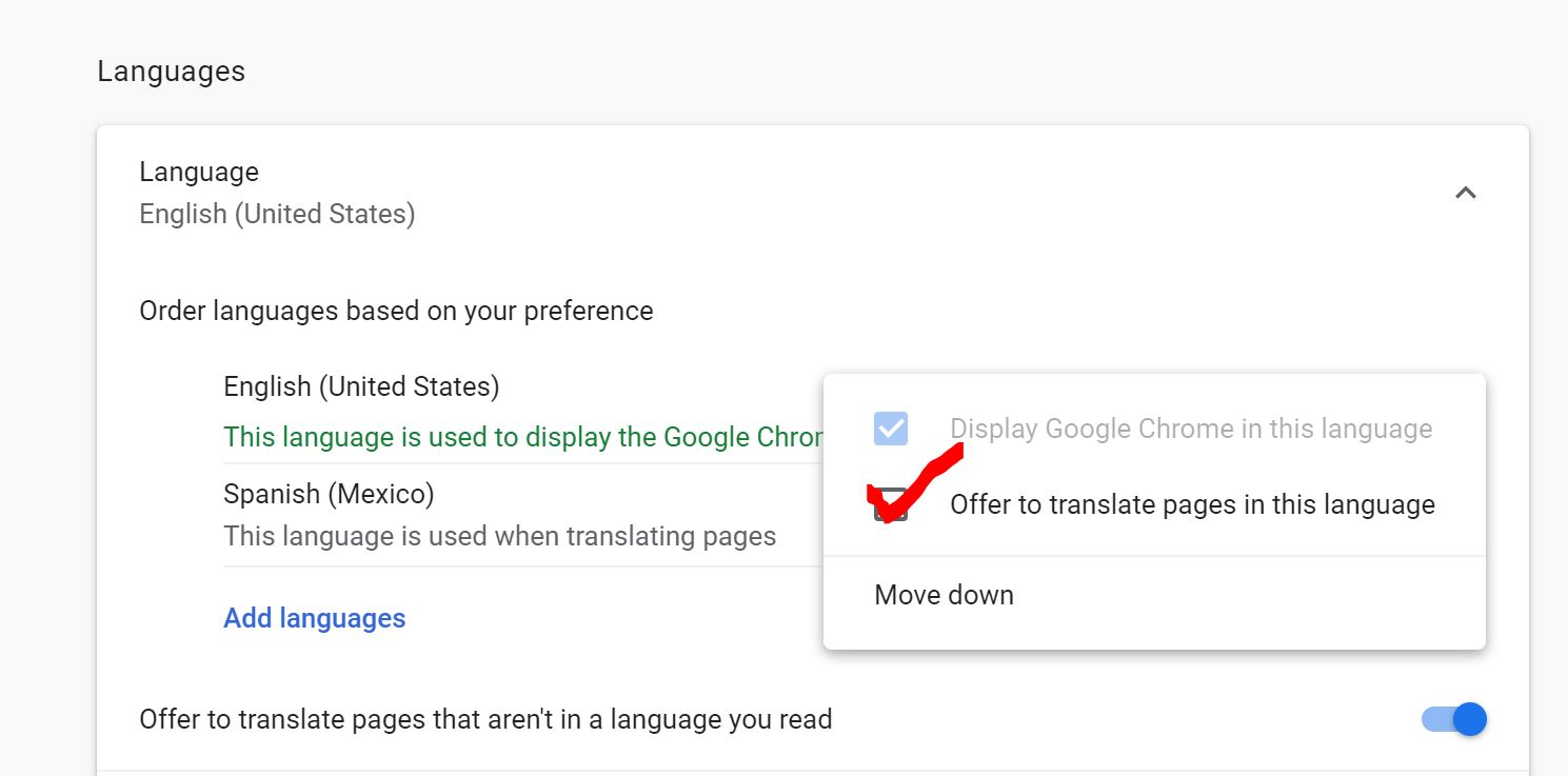 Offer to translate pages menu in Google Chrome Languages setting