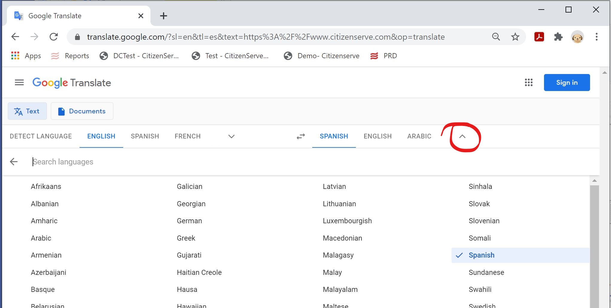 Google Translate showing List of available languages
